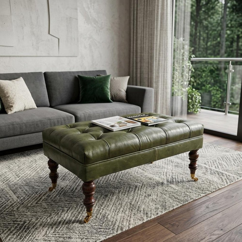 35" Green And Walnut Rolling Genuine Leather Tufted Ottoman
