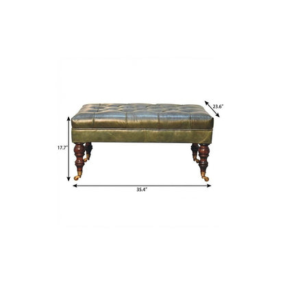 35" Green And Walnut Rolling Genuine Leather Tufted Ottoman