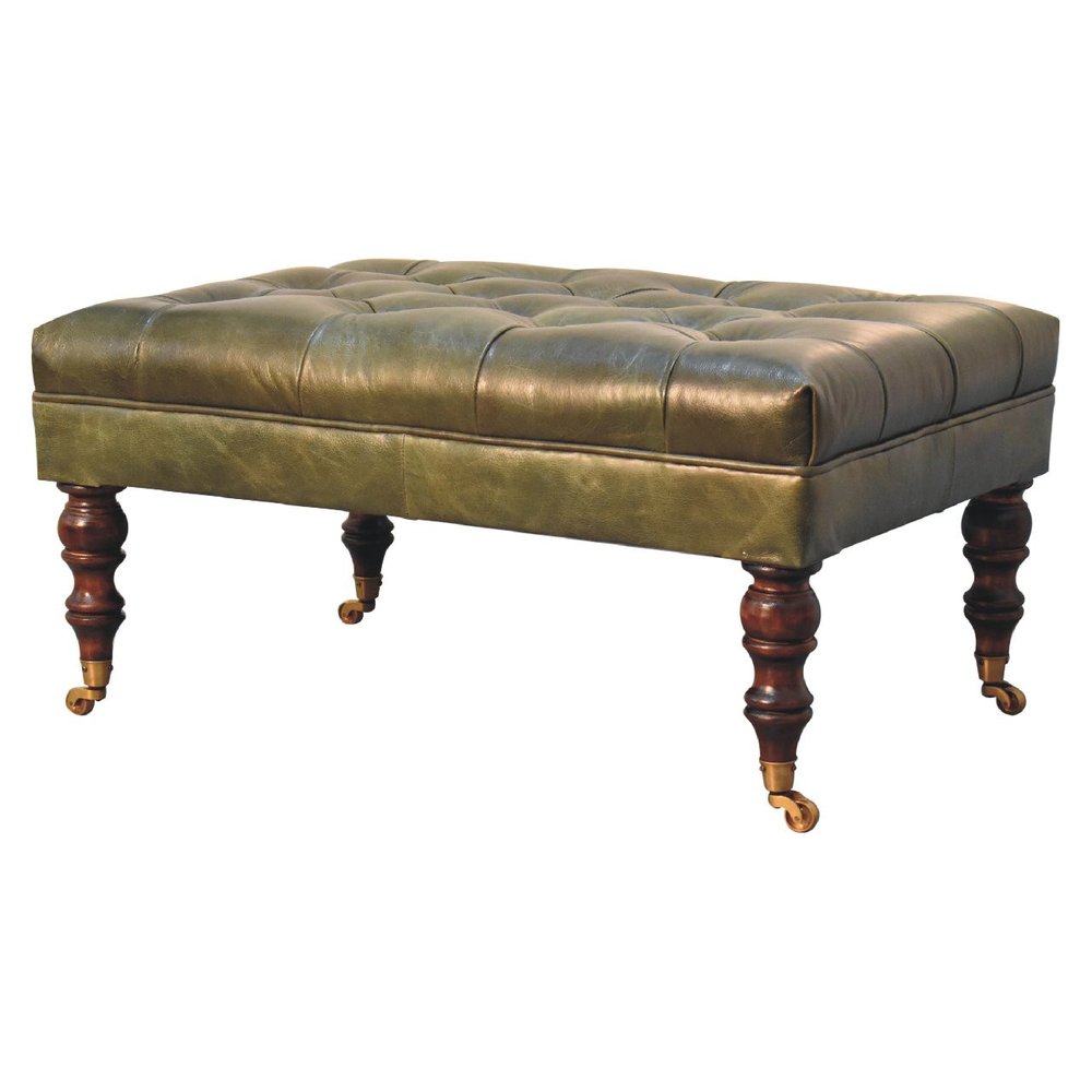 35" Green And Walnut Rolling Genuine Leather Tufted Ottoman