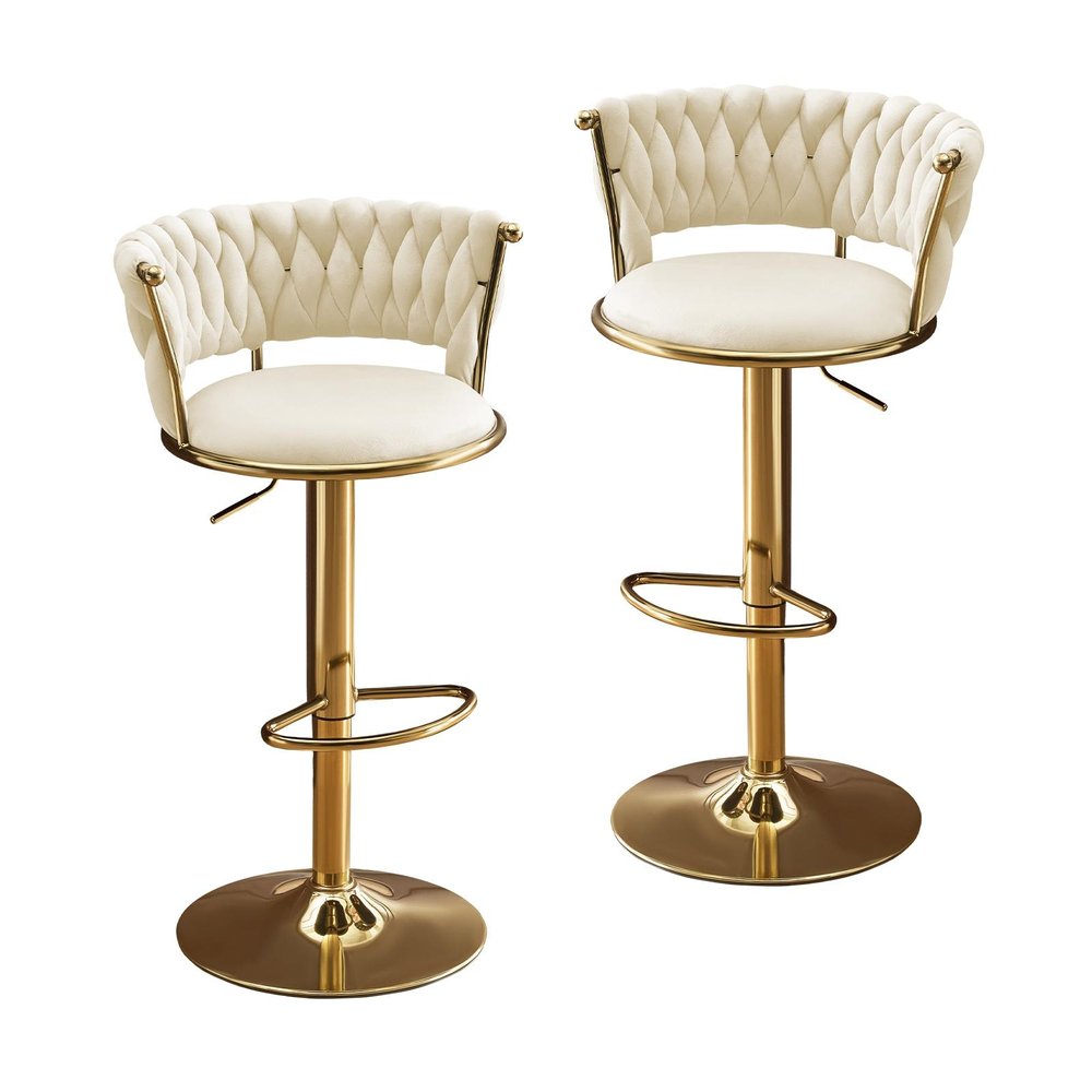 Set of Two Beige And Gold Velvet And Metal Low Back Adjustable Height Swivel Bar Chairs