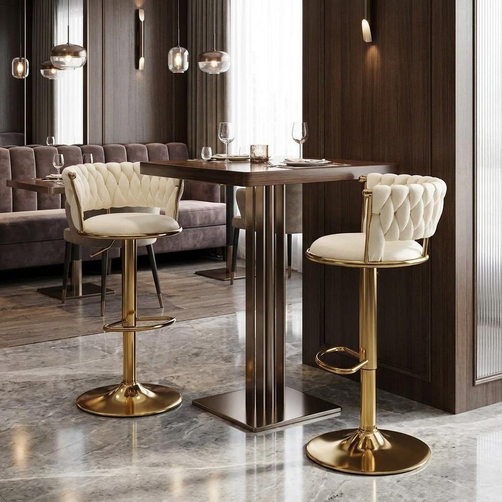 Set of Two Beige And Gold Velvet And Metal Low Back Adjustable Height Swivel Bar Chairs