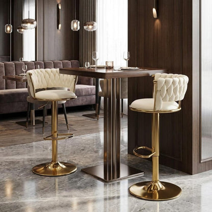 Set of Two Beige And Gold Velvet And Metal Low Back Adjustable Height Swivel Bar Chairs