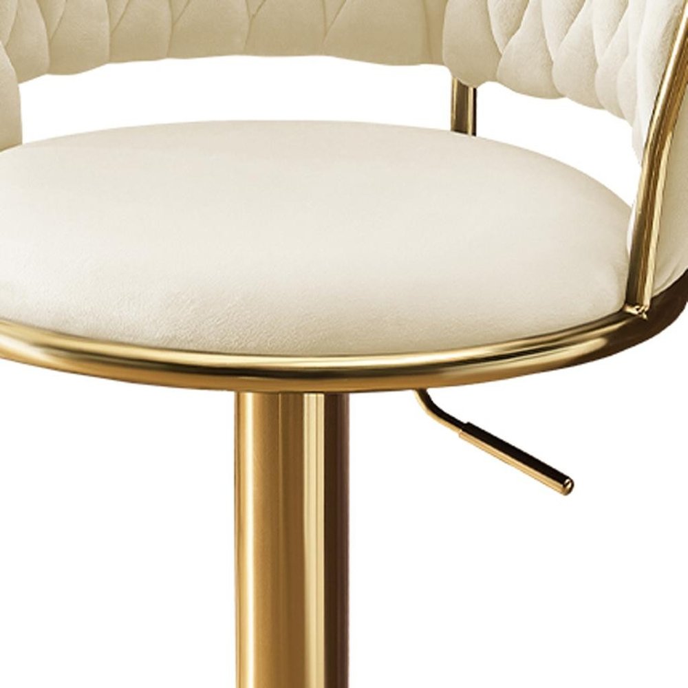 Set of Two Beige And Gold Velvet And Metal Low Back Adjustable Height Swivel Bar Chairs