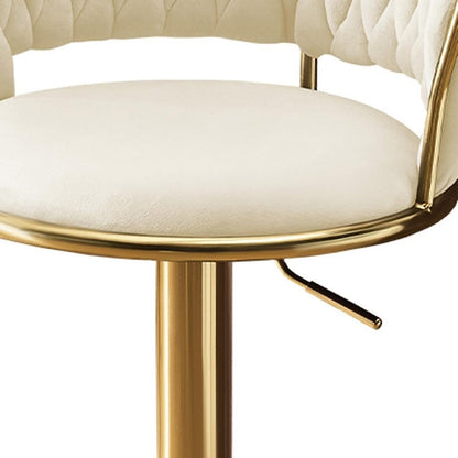 Set of Two Beige And Gold Velvet And Metal Low Back Adjustable Height Swivel Bar Chairs