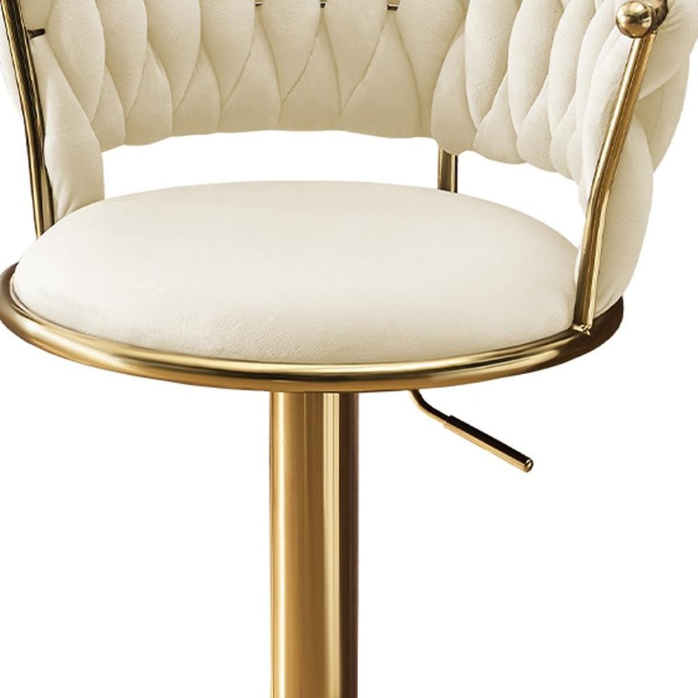 Set of Two Beige And Gold Velvet And Metal Low Back Adjustable Height Swivel Bar Chairs
