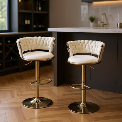 Set of Two Beige And Gold Velvet And Metal Low Back Adjustable Height Swivel Bar Chairs