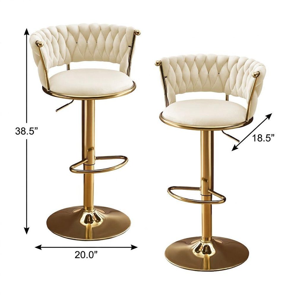 Set of Two Beige And Gold Velvet And Metal Low Back Adjustable Height Swivel Bar Chairs
