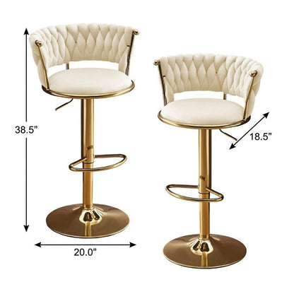 Set of Two Beige And Gold Velvet And Metal Low Back Adjustable Height Swivel Bar Chairs