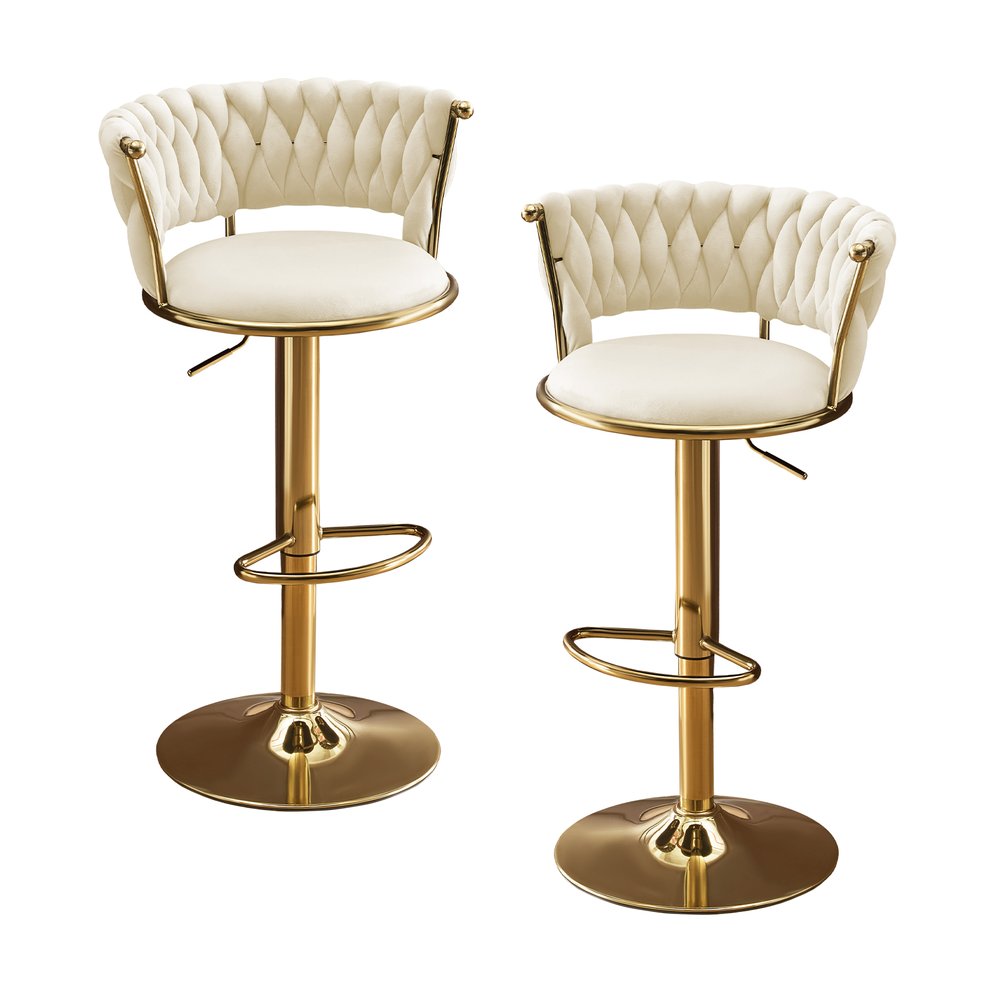 Set of Two Beige And Gold Velvet And Metal Low Back Adjustable Height Swivel Bar Chairs