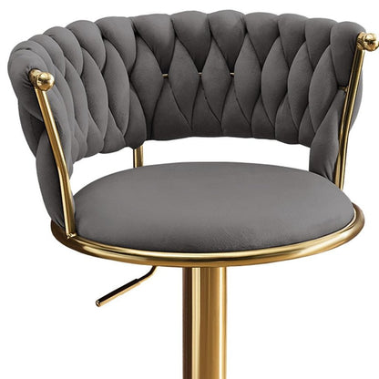 Set of Two Gray And Gold Velvet And Metal Low Back Adjustable Height Swivel Bar Chairs