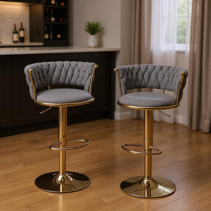 Set of Two Gray And Gold Velvet And Metal Low Back Adjustable Height Swivel Bar Chairs