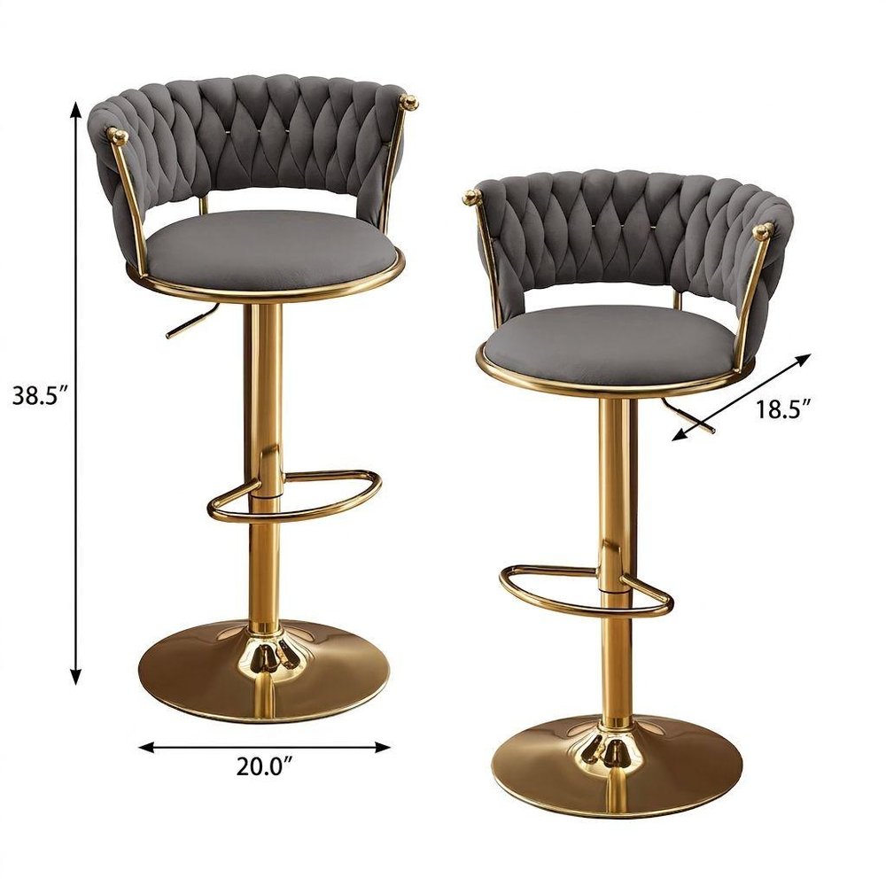 Set of Two Gray And Gold Velvet And Metal Low Back Adjustable Height Swivel Bar Chairs