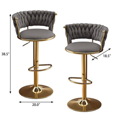 Set of Two Gray And Gold Velvet And Metal Low Back Adjustable Height Swivel Bar Chairs