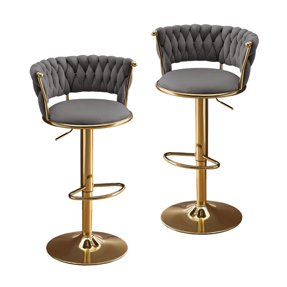 Set of Two Gray And Gold Velvet And Metal Low Back Adjustable Height Swivel Bar Chairs