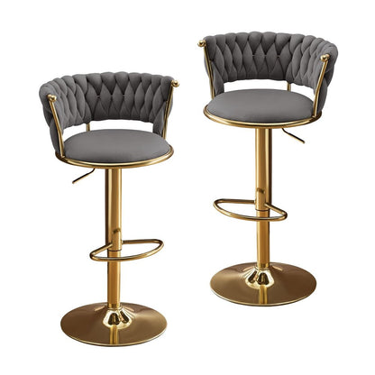 Set of Two Gray And Gold Velvet And Metal Low Back Adjustable Height Swivel Bar Chairs