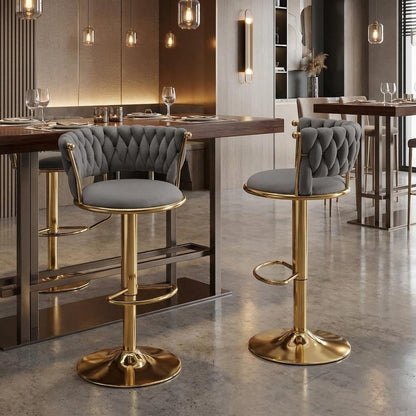 Set of Two Gray And Gold Velvet And Metal Low Back Adjustable Height Swivel Bar Chairs