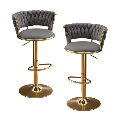 Set of Two Gray And Gold Velvet And Metal Low Back Adjustable Height Swivel Bar Chairs