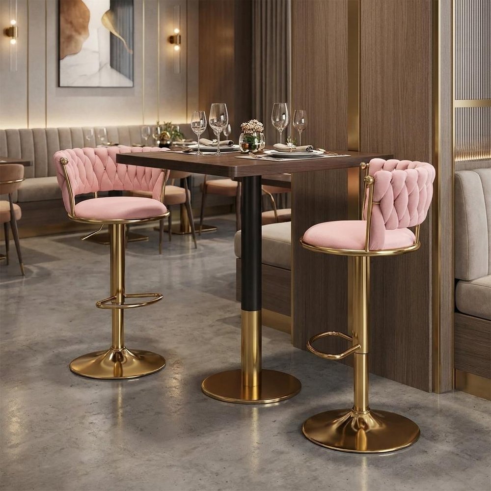 Set of Two Pink And Gold Velvet And Metal Low Back Adjustable Height Swivel Bar Chairs
