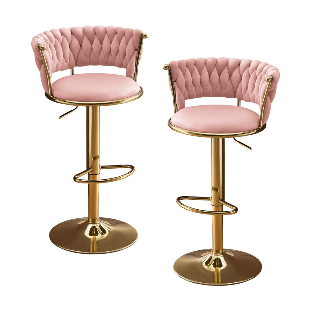 Set of Two Pink And Gold Velvet And Metal Low Back Adjustable Height Swivel Bar Chairs