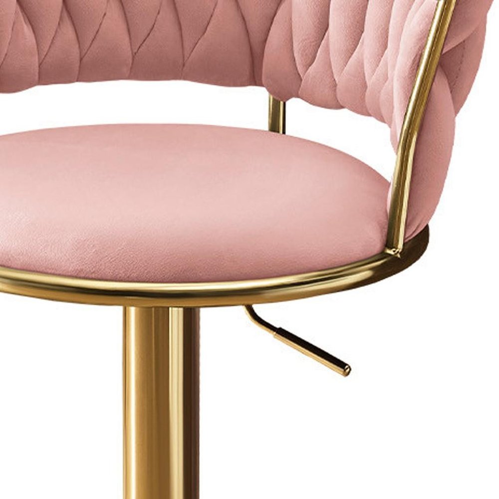 Set of Two Pink And Gold Velvet And Metal Low Back Adjustable Height Swivel Bar Chairs