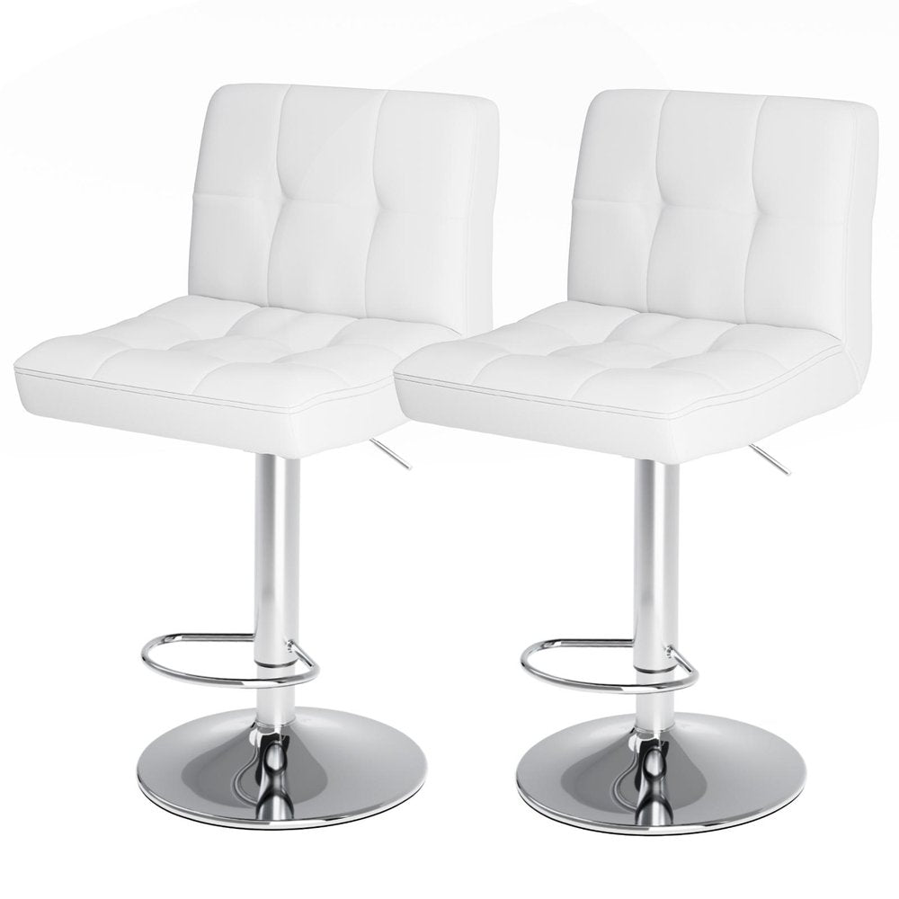 Set of Two White And Silver Faux Leather And Aluminum Adjustable Height Swivel Bar Chairs