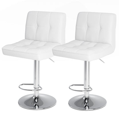 Set of Two White And Silver Faux Leather And Aluminum Adjustable Height Swivel Bar Chairs