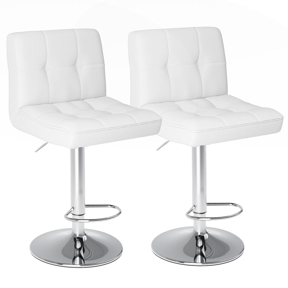 Set of Two White And Silver Faux Leather And Aluminum Adjustable Height Swivel Bar Chairs