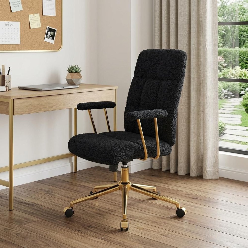 White And Gold Boucle Swivel Rolling Executive Office Chair