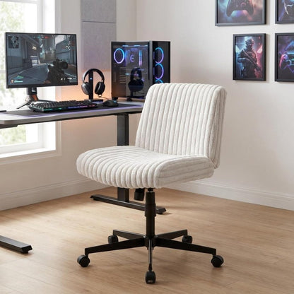Ivory And Black Adjustable Height Faux Fur Swivel Rolling Gaming Chair