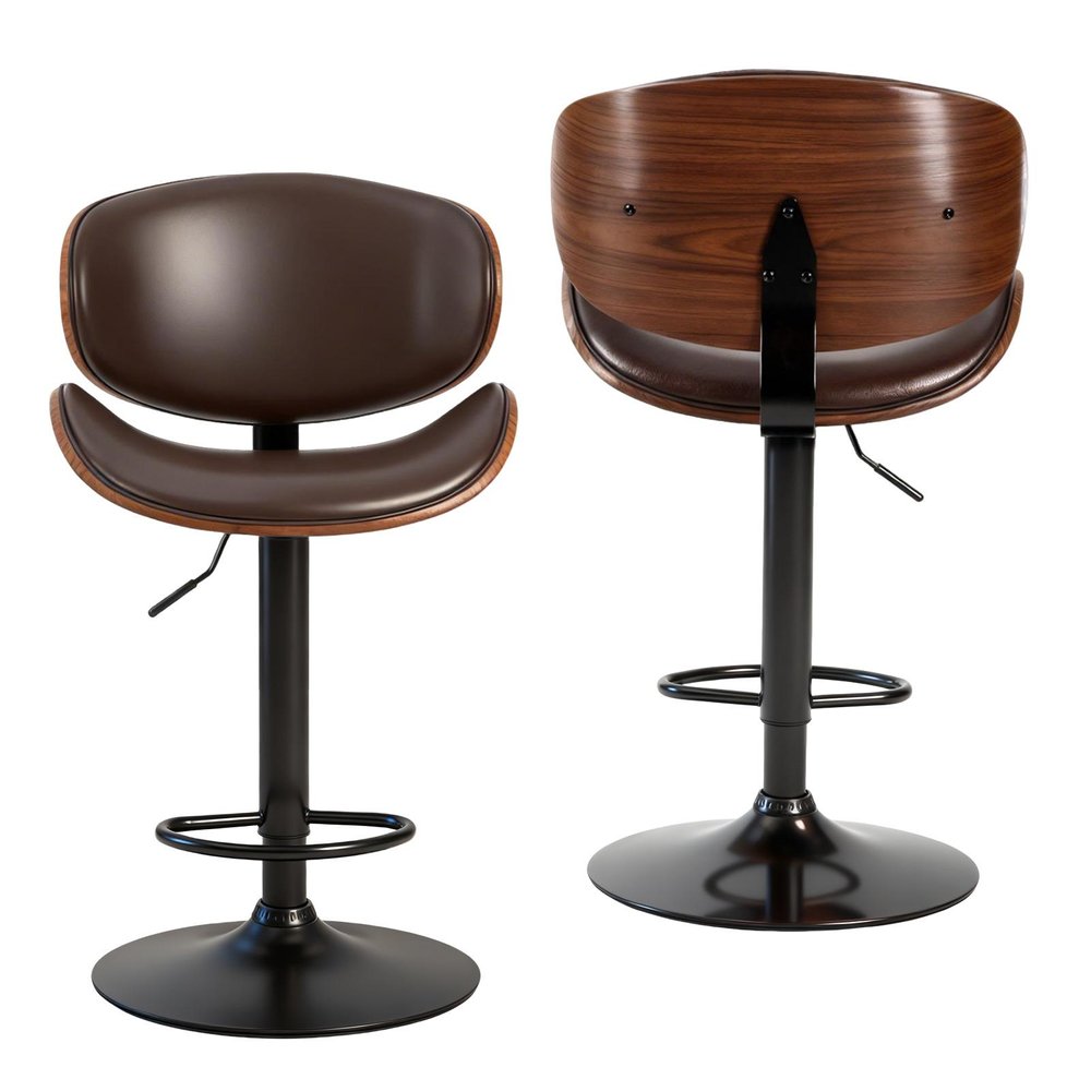 Set of Two Brown And Black Faux Leather Aluminum And Wood Adjustable Height Swivel Bar Chairs