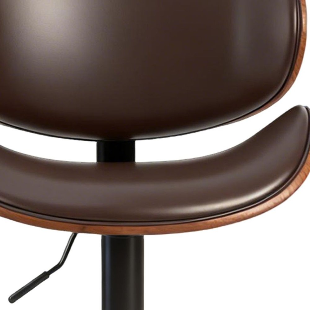 Set of Two Brown And Black Faux Leather Aluminum And Wood Adjustable Height Swivel Bar Chairs