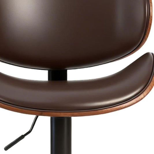 Set of Two Brown And Black Faux Leather Aluminum And Wood Adjustable Height Swivel Bar Chairs