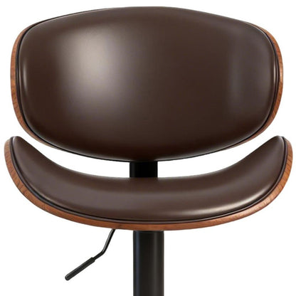 Set of Two Brown And Black Faux Leather Aluminum And Wood Adjustable Height Swivel Bar Chairs