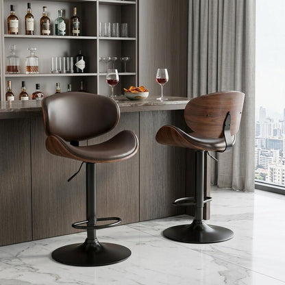 Set of Two Brown And Black Faux Leather Aluminum And Wood Adjustable Height Swivel Bar Chairs