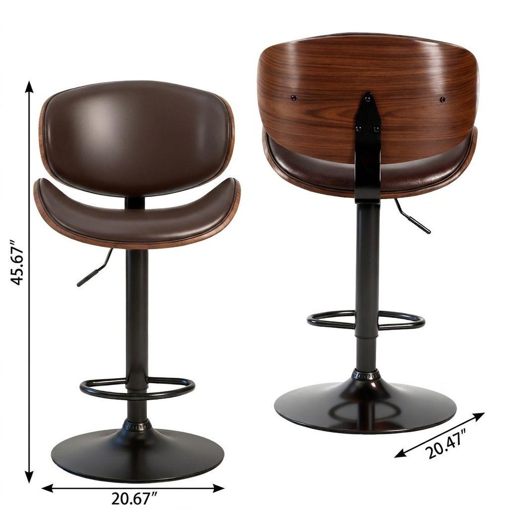 Set of Two Brown And Black Faux Leather Aluminum And Wood Adjustable Height Swivel Bar Chairs