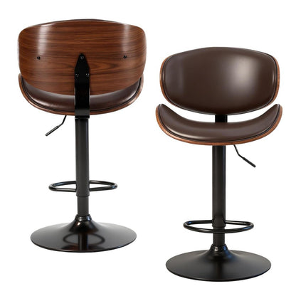 Set of Two Brown And Black Faux Leather Aluminum And Wood Adjustable Height Swivel Bar Chairs