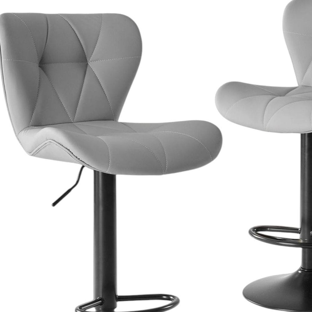 Set of Two Gray And Black Faux Leather And Aluminum Adjustable Height Swivel Bar Chairs
