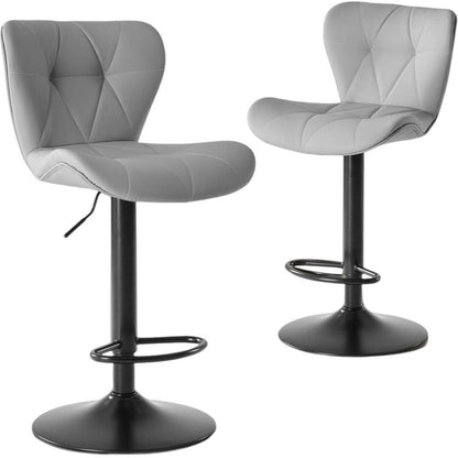 Set of Two Gray And Black Faux Leather And Aluminum Adjustable Height Swivel Bar Chairs