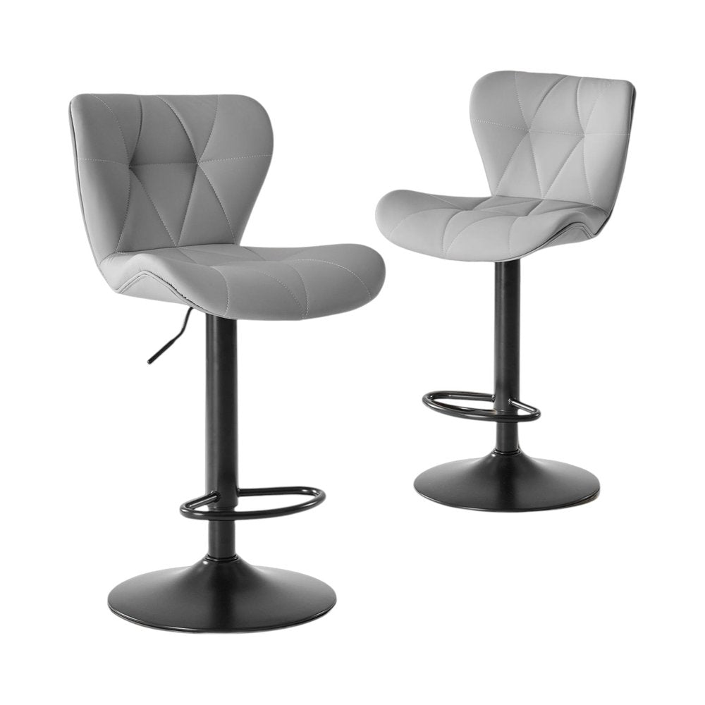 Set of Two Gray And Black Faux Leather And Aluminum Adjustable Height Swivel Bar Chairs