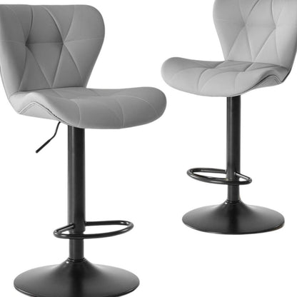 Set of Two Gray And Black Faux Leather And Aluminum Adjustable Height Swivel Bar Chairs
