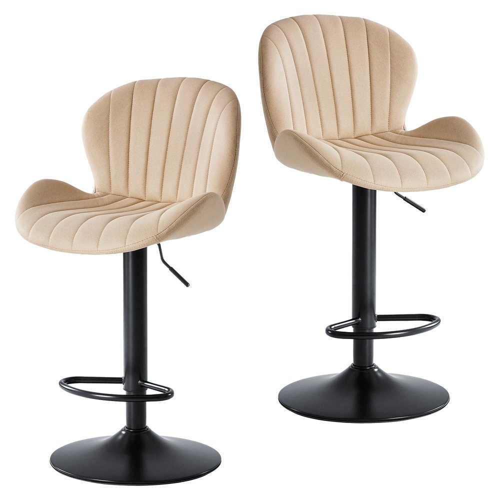 Set of Two Beige And Black Faux Leather And Aluminum Adjustable Height Swivel Bar Chairs