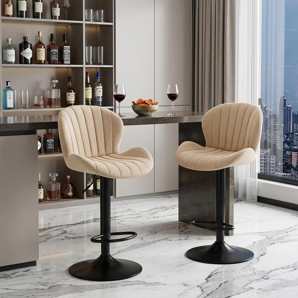 Set of Two Beige And Black Faux Leather And Aluminum Adjustable Height Swivel Bar Chairs