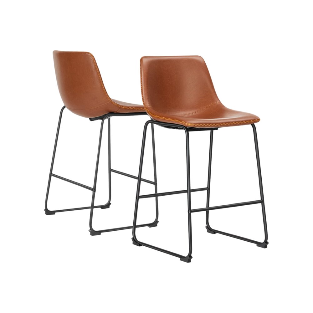 Set of Two 26" Brown And Black Faux Leather And Aluminum Counter Height Bar Chairs