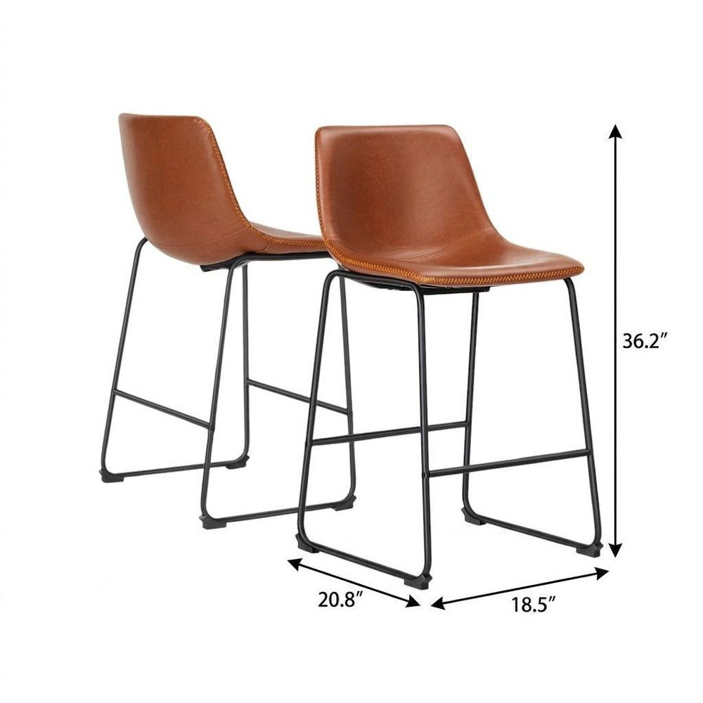 Set of Two 26" Brown And Black Faux Leather And Aluminum Counter Height Bar Chairs