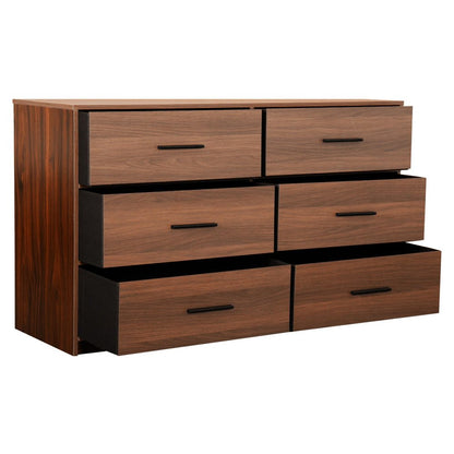 45" Walnut Fabric Wood and Steel Six Drawer Double Dresser