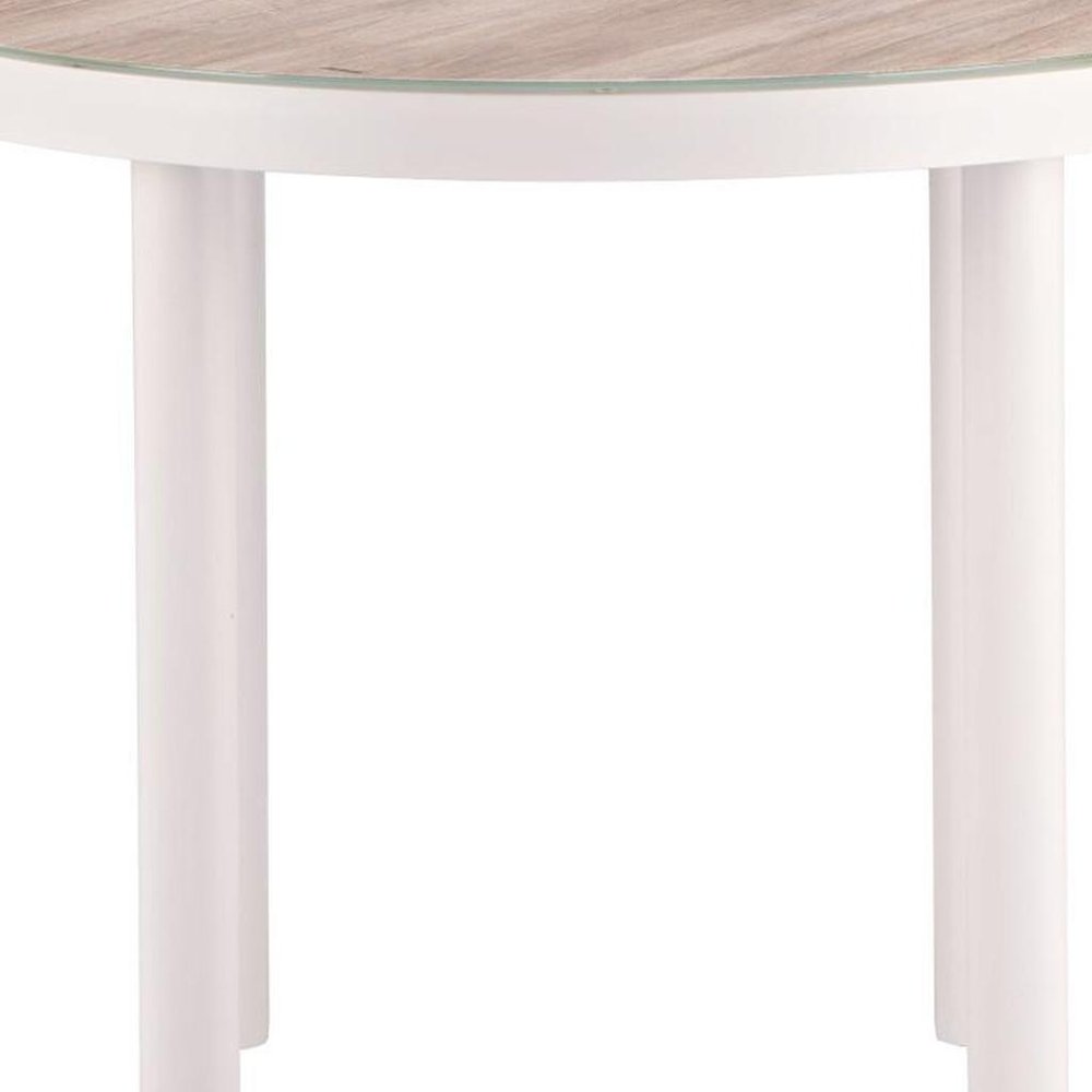 36" Natural and White Glass Wood and Aluminum Round Outdoor Dining Table