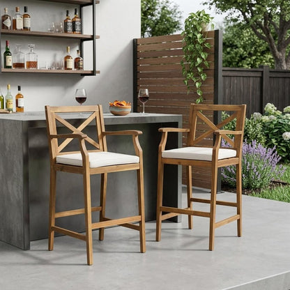 Set of Two 30" Brown Solid Wood Outdoor Bar Height Chairs
