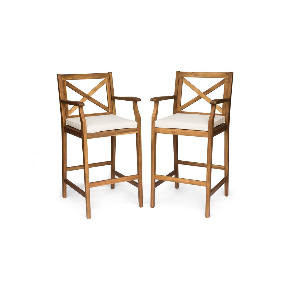 Set of Two 30" Brown Solid Wood Outdoor Bar Height Chairs