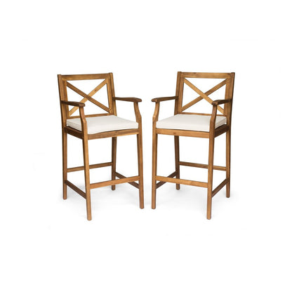 Set of Two 30" Brown Solid Wood Outdoor Bar Height Chairs