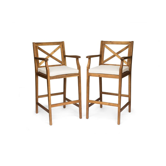 Set of Two 30" Brown Solid Wood Outdoor Bar Height Chairs